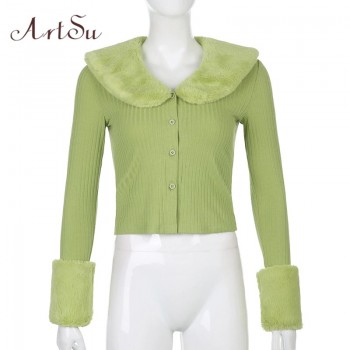 Artsu Ribbed Knitted Cardigans Sweaters With Fur Trim Collar Long Sleeve Slim Autumn Winter Jumpers Women Knitwear 42015